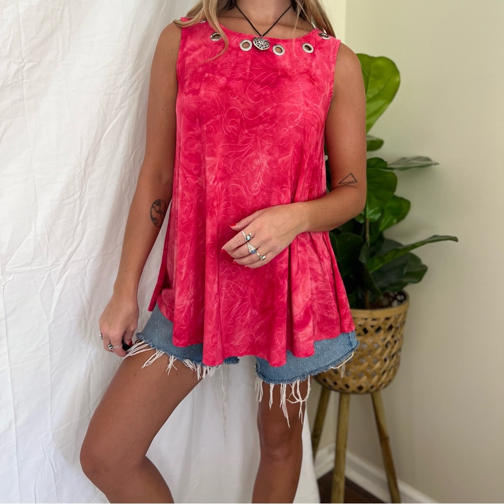Y2K Pink Tie Dye Grommet Detail Tunic Top